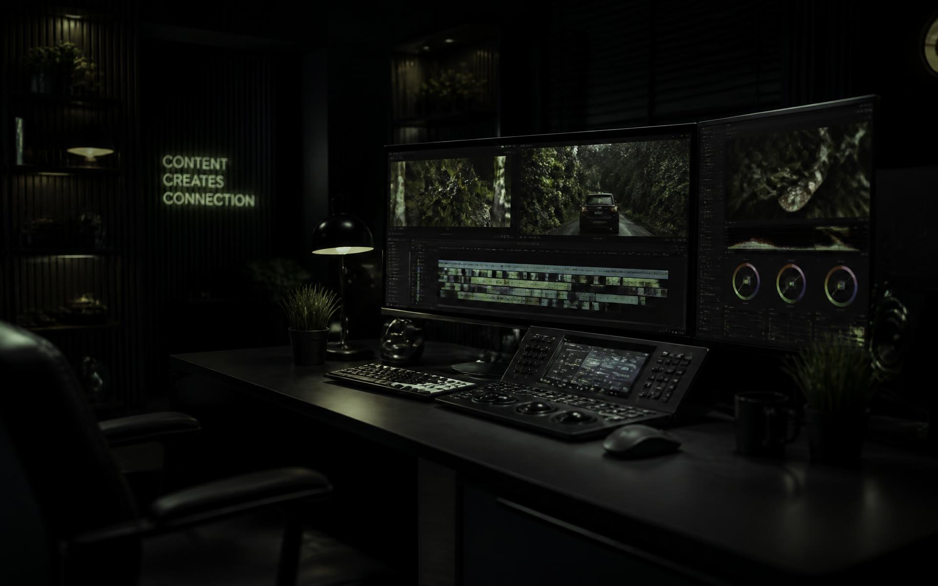 Dark content production studio with camera and editing timeline